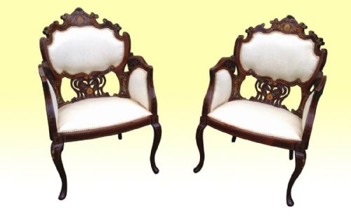 Magnificant Pair of Antique Inlaid Mahogany Arm Chairs