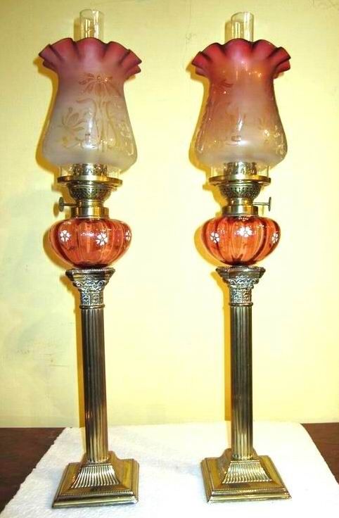 Superb Pair of Tall Antique Ruby Glass Peg Lamps