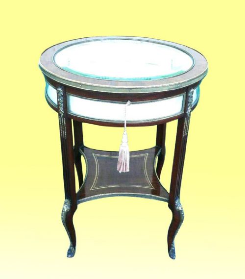 Fabulous Brass Inlaid and Ormolu Mounted Antique Mahogany Circular Bijouterie Display Table.