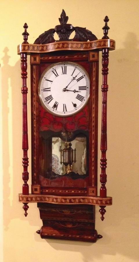 Superb Antique Inlaid Walnut Drop Dial Wall Clock