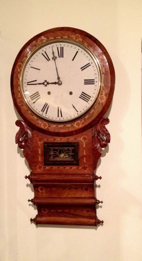 Antique Inlaid Walnut Drop Dial Wall Clock