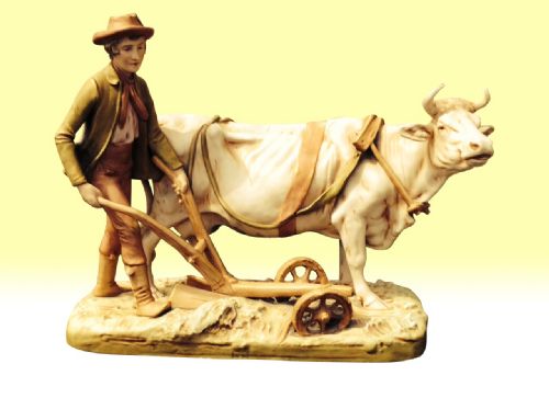 Superb Large Antique Royal Dux  Group of  Cow and Plough Man