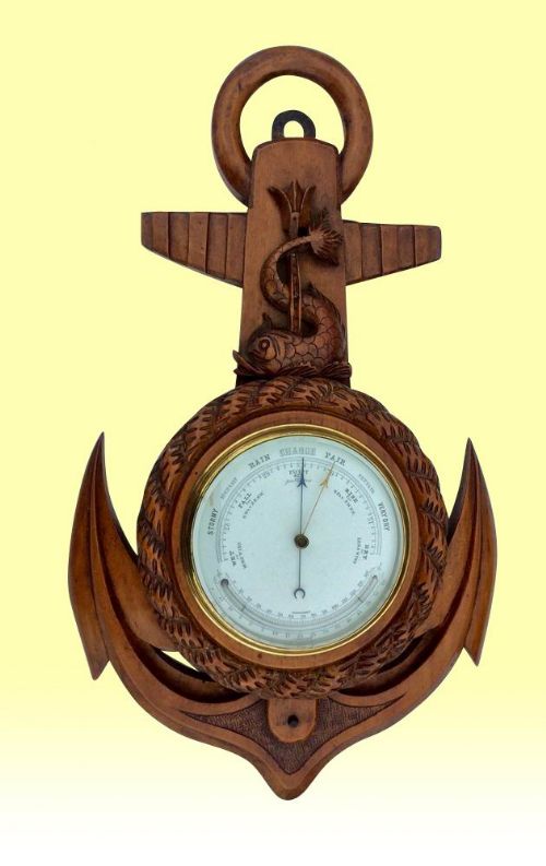 Lovely Antique Carved Golden Oak Nautical Anchor Aneroid Barometer