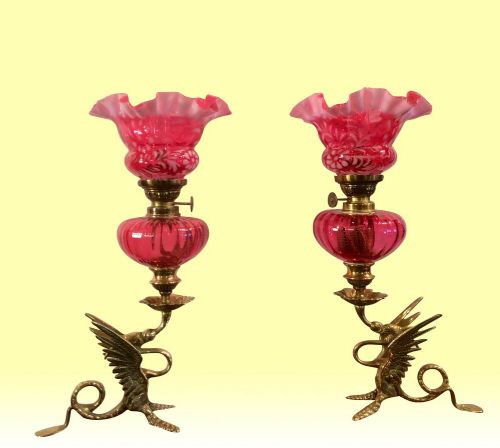 Matching Pair of Antique  Ruby Glass Peg Oil Lamps