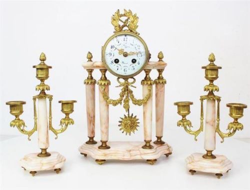 Beautiful French Marble and Bronze Portico Mantel Clock Garniture Set