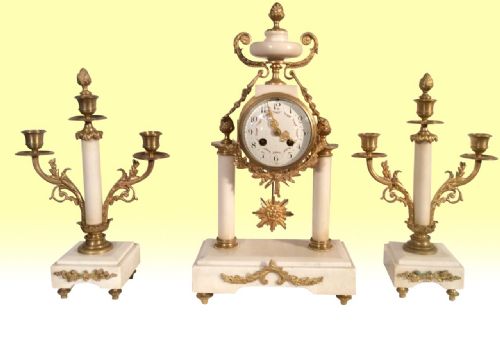 Beautiful Antique Marble and Ormolu French Mantel Clock Set Garniture