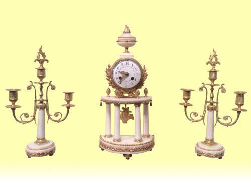 Antique Marble and Gilt Bronze Marble Mantel Clock Set Garniture