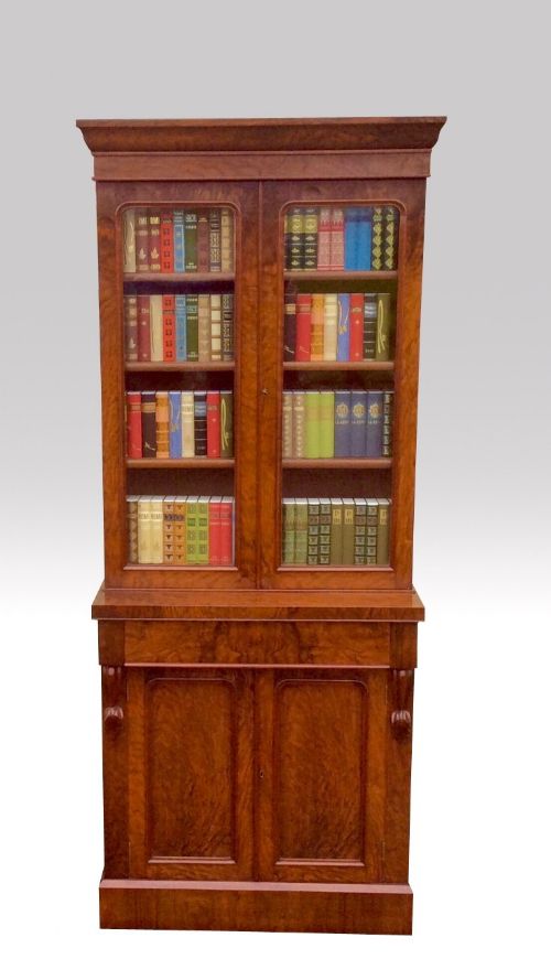 Fabulous Figured Walnut Antique Bookcase of Narrow Proportions,
