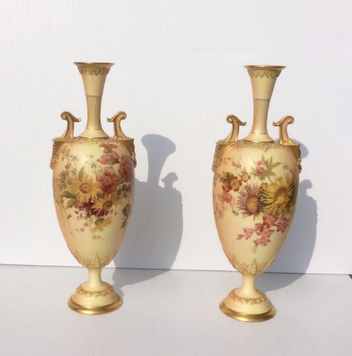 Superb Pair of Antique Royal Worcester Blush Ivory Hand Painted Vases