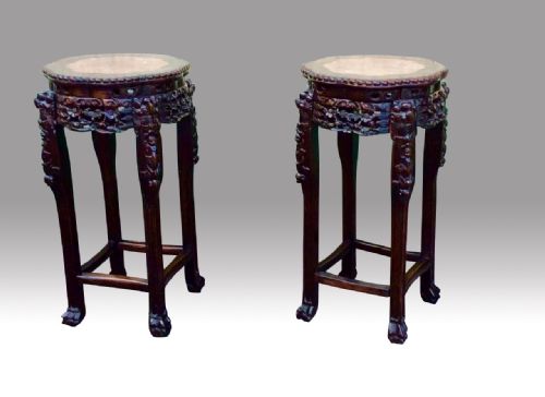 Pair of Antique Chinese Hard Wood Stands with Marble Tops