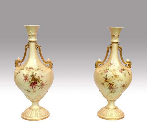Beautiful Pair of Royal Worcester Blush Ivory Vases Signed Edward Raby