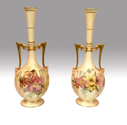 Beautiful Pair of Hand Painted Antique Royal Worcester Vases