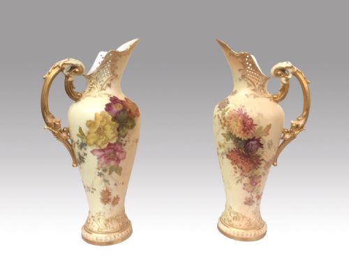 Beautiful Pair of Antique Blush Ivory Painted
royal Worcester Ewers