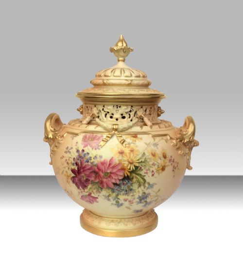 Magnificent Large Hand Painted Antique Blush Ivory Royal Worcester  Bow Vase