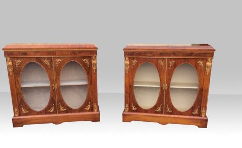 Two Stunning Quality Figured Walnut Ormolu Mounted  Oval Two Doored Antique Pier Cabinets

