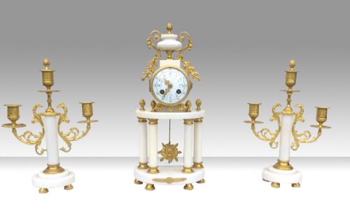 Antique  Gilt Bronze Marble Mantel Garniture French Clock Set