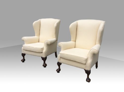 Pair of Antique Wing Back Wingback Armchairs with Mahogany Ball and Claw Feet