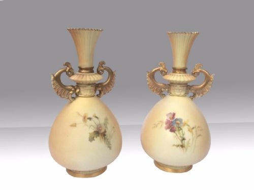 VERY FINE PAIR OF ANTIQUE PAINTED AND BLUSH IVORY ROYAL WORCESTER VASESDATED 18939INS TALLBY E RABY - ADDITIONAL PHOTO 1