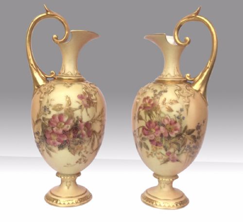 Stunning Fine Pair of Blush Ivory Hand Painted Antique Royal Worcester Ewers