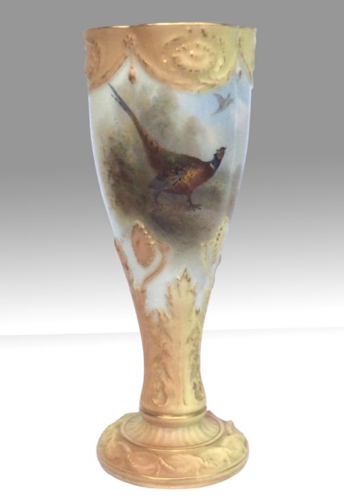 Beautiful Antique Royal Worcester Goblet James Stinton Pheasant  Vase
