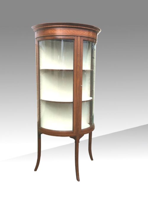 Quality Antique Bow Front Demi Lune Inlaid Mahogany Display Cabinet of Small Narrow Proportions