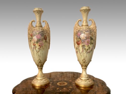 Superb Pair of Large Antique Hand Painted Blush Ivory Royal Worcester Vases,
each Signed W Hale
