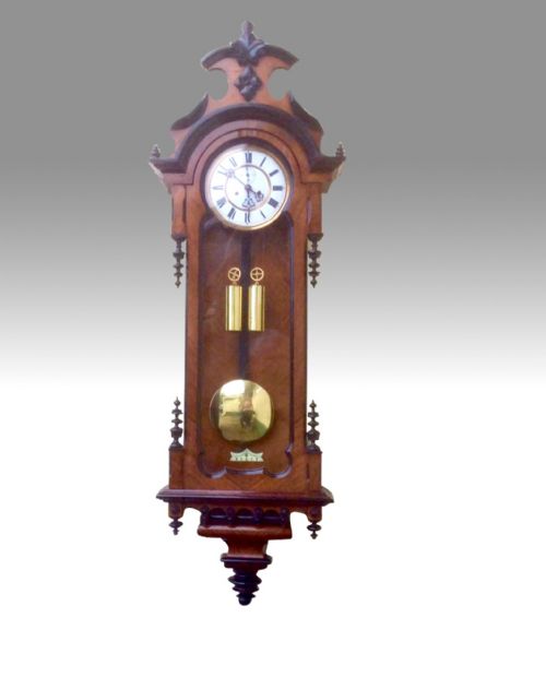 Fabulous Double Weighter Antique Vienna Black and Walnut Wall Clock.
