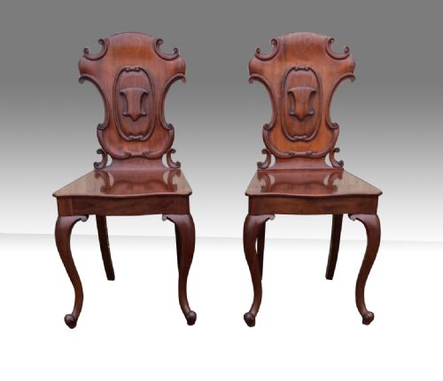 Lovely Pair of Antique Cabriole Leg Mahogany Hall Coaching Chairs,

