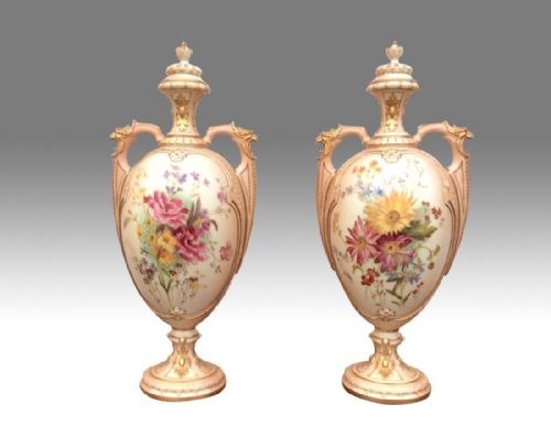 A Stunning Pair of Large Antique Royal Worcester Blush Ivory Twin Handled Vases and Covers.