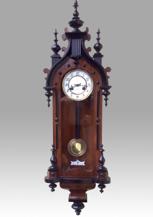 Fabulous Fine Quality Black and Walnut, 8 Day, Spring Driven Small Antique Vienna Wall Clock.
