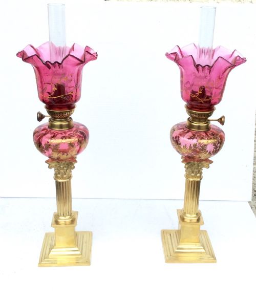 Stunning Pair of Antique Ruby Glass Oil Peg Lamps
