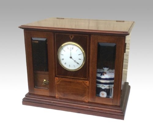 Quality Antique Inlaid Mahogany Pipe Smokers Cabinet with Fitted Clock