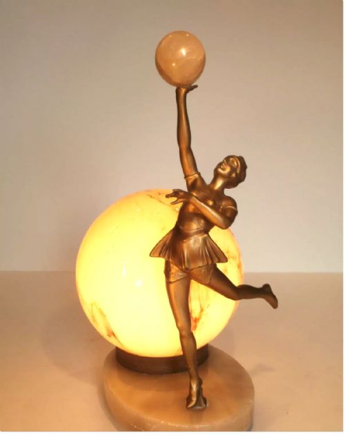 A Stunning Antique Gilded Original Art Deco  Lady Lamp of Costumed Dancing Figure