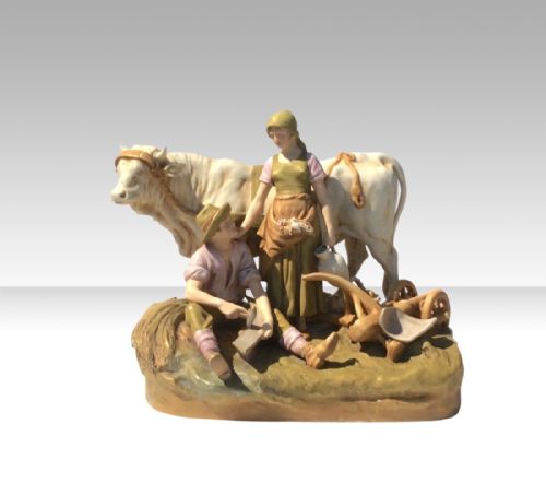 Very Rare Large Antique Royal Dux Group of Farming Couple with Bull