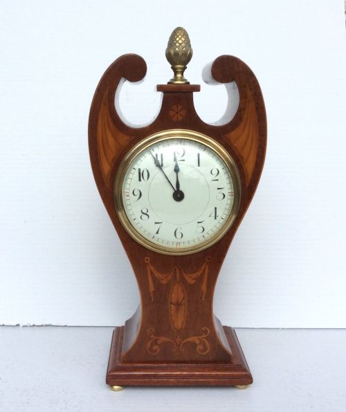 Lovely Inlaid Mahogany Antique Art Nouveau Angel Mantle Clock