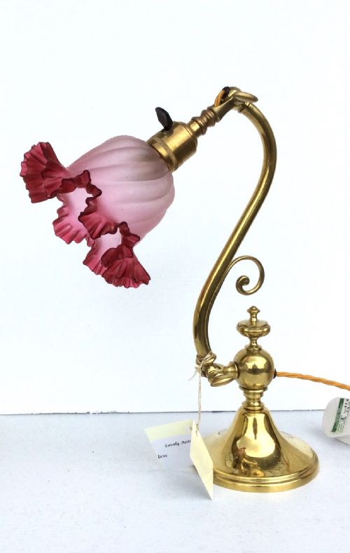 Quality Antique Adjustable Brass Desk Lamp with Original Cranberry Shade.