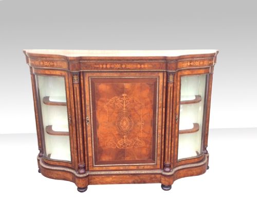 A Magnificent Serpentined Shaped Victorian Figured and Burr Walnut Antique Credenza .