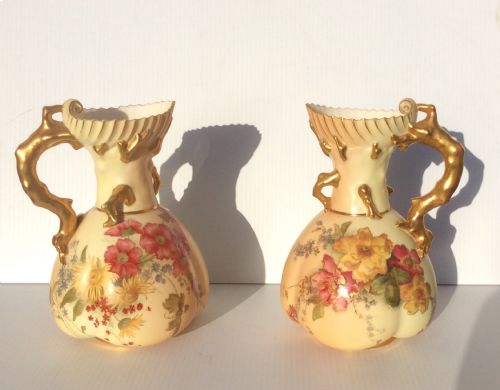 Lovely Pair of Large Antique Blush Ivory Hand Painted Royal Worcester Coral Handle Vases,jugs