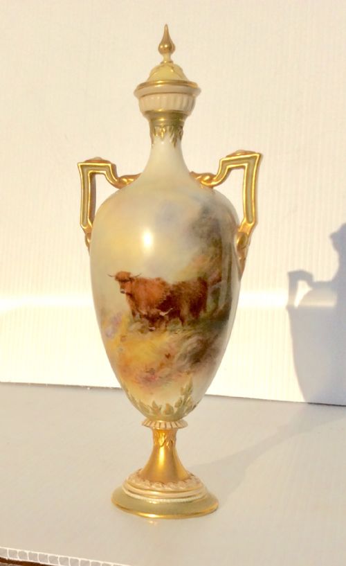 Stunning Antique Royal Worcester Vase ,Scottish Highland Cattle by Harry Stinton.