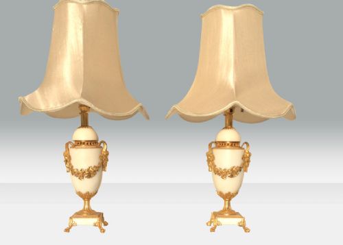 Superb Pair of Gilt Ormolu Mounted White Marble Antique Table Lamps