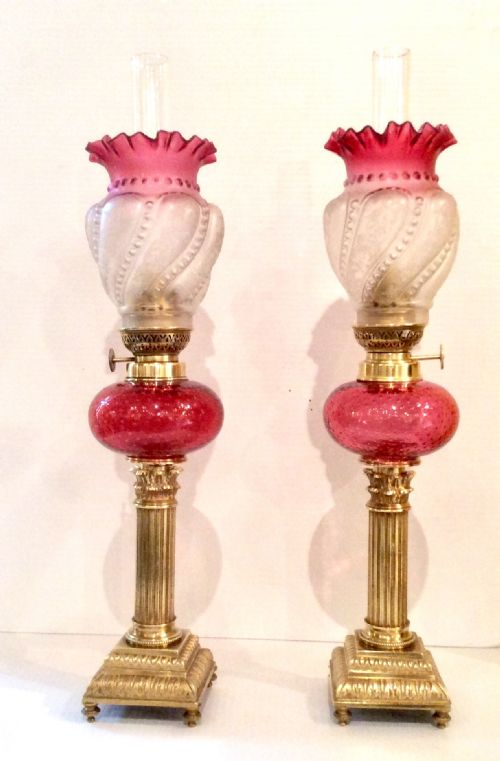 Superb Matching  Pair of Original Antique Ruby Glass Oil Peg Lamps.