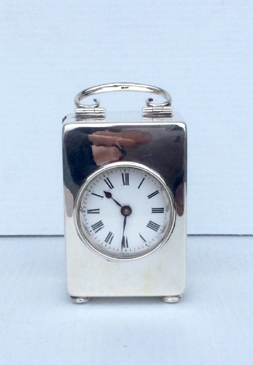 fig 1. A beautiful small antique sterling silver timepiece boudoir carriage clock.French Movement, 