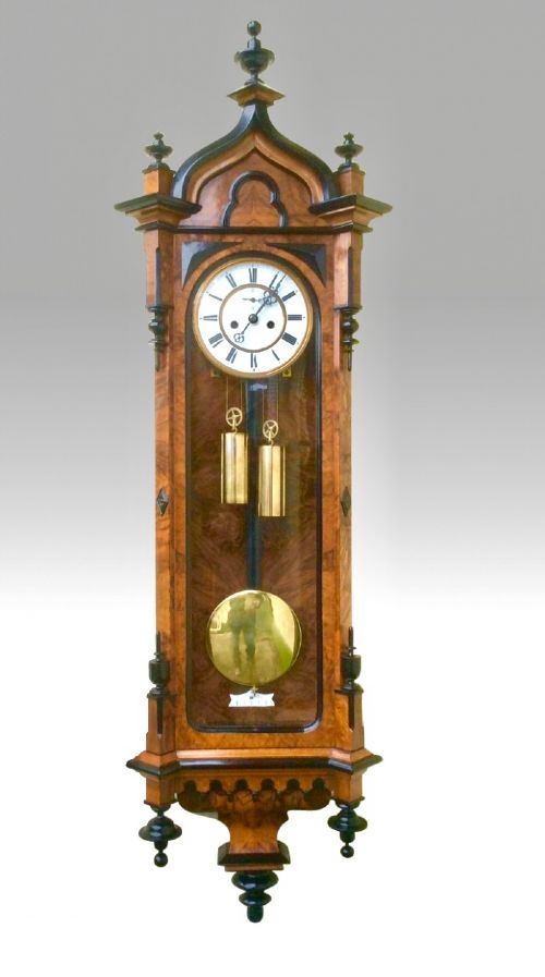 Very Fine Quality Burr Walnut and Black Double Weighted Antique Vienna Wall Clock