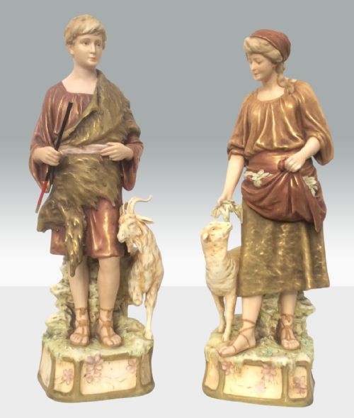 Fabulous Large Pair of Royal Dux Figures of Shepherd and Shepherdess with Goat and Sheep