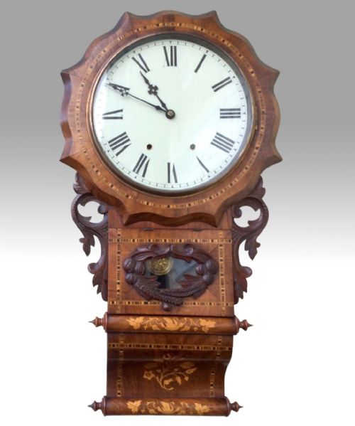 Fine Antique Inlaid Walnut Drop Dial Wall Clock