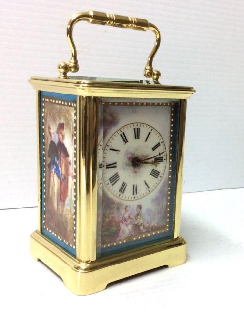 Quality French Antique Carriage Clock with Painted Panels.