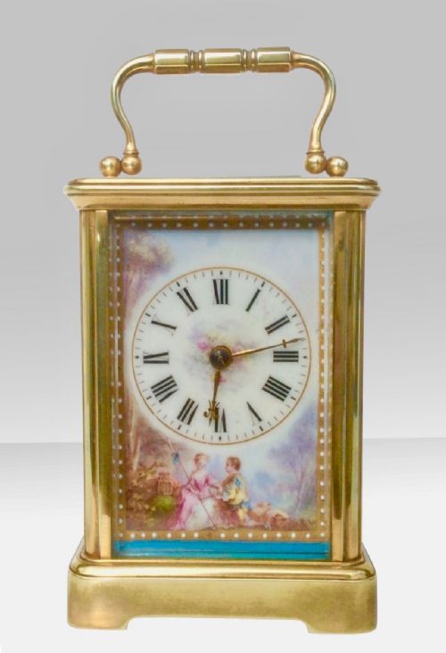 fig 1. Quality French antique carriage clock with painted panels.