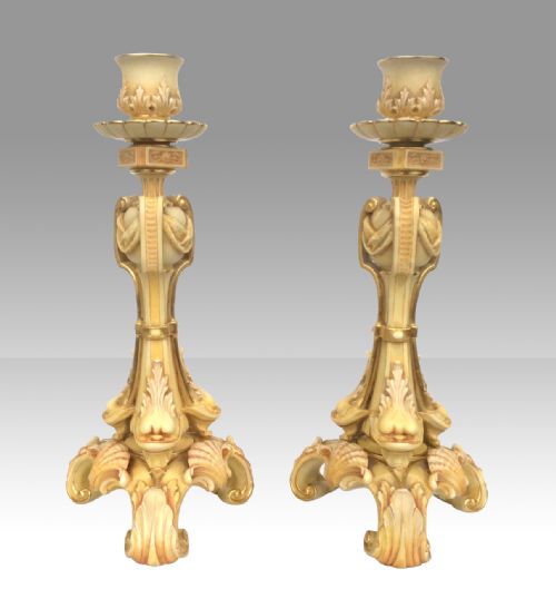Pair of Antique Royal Worcester Blush Ivory Candlesticks.