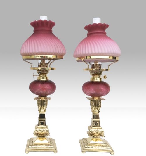 Pair of Original Antique Ruby Glass Oil Peg Lamps