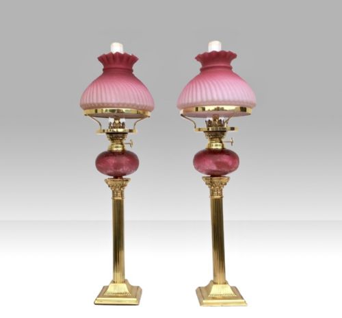 Pair of Original Antique Ruby Glass Oil Peg Lamps